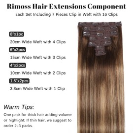 Rimoss Clip in Hair Extensions Real Human Hair, Premium 20 Inch 7pcs Ombre Chocolate Brown to Caramel Blonde Balayage Remy Human Hair Clip ins Extensions Straight for Women (20 Inch)