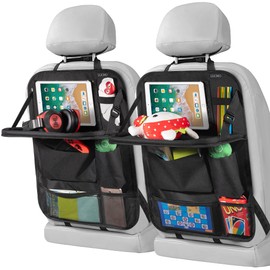 LUCMO Car Backseat Organizer with Touch Screen Tablet Holder,9 Storage Pockets Storage Organizer,Protectors Kick Mats Travel Accessories (Black, 2 Pack with Food Tray)
