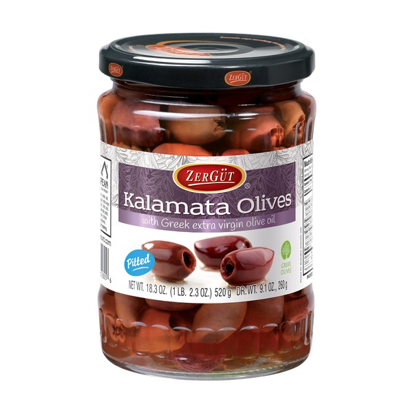 Zergut | Greek Kalamata Olive Pitted | Packed in Greek Extra Virgin Olive Oil | Vegan Gluten-free Cholesterol-free Low Calorie Low Carb | All Natural No Artificial Flavor or Preservative | 18.3oz Jar
