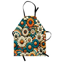 Ambesonne Hippie Apron, Chamomile Like Flower Blossoming Garden with Swirly Lines in Groovy Colors, Unisex Kitchen Bib with Adjustable Neck for Cooking Gardening, Adult Size, Orange Teal Ivory