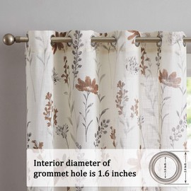 July Joy Printed Sheer Curtains Linen Textured for Living Room Floral Leaf Design Farmhouse Style Window Panel Drapes Set Grommet Treatment for Bedroom, Dining, 52 x 84 inch, Brown