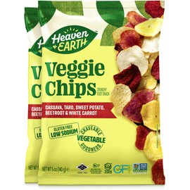 Heaven & Earth Veggie Chips, Vegetable Medley chips, 5oz (2 Pack) Gluten Free | Non GMO | Low Sodium | Thin & Crisp Root Snack Blend of: Cassava, Taro, Sweet Potato, Beetroot & white Potato | Kosher