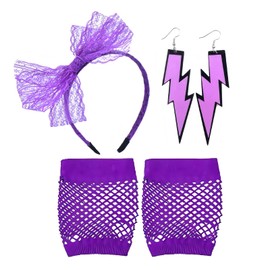 5 Pcs 80s Fancy Dress Costume Accessories, Lace Bow Headband, purple Fishnet Gloves, Earrings, Elastic Women's Neon Lace Headband Earrings Fishnet for Women Gloves 80s Retro Party