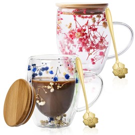 Pack of 2 Double-Walled Coffee Cups with Dried Flower, 350 ml Double-Walled Glasses with Handle, Flowers Double Layer Glass Cups, Dried Flower Coffee Cups, Macchiato Glasses with Dried Flowers for Tea