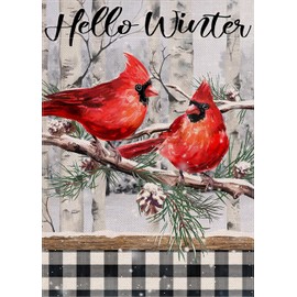 Covido Home Decorative Hello Winter Cardinals Garden Flag Black White Buffalo Plaid Check House Yard Red Bird Tree Branch Snow Pinecone Outside Decoration Christmas Farmhouse Outdoor Small Decor 12x18