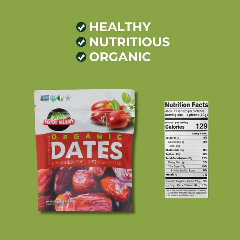 Perfect Delights Organic Dates, Vegan, Sun-Dried Pitted Dates, Healthy Fruit