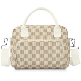 TESAFNG Lunch Box for Women Insulated Lunch Bag Cute Corduroy Lunch Tote Bags Lightweight Reusable Leakproof Cooler Bag with Adjustable Shoulder Strap for Work Office Travel Picnic (Checkered Khaki)