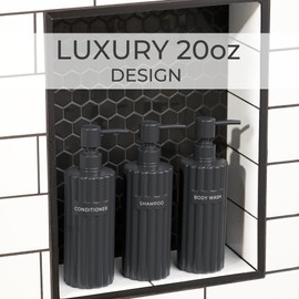 Stylish Shampoo and Conditioner Dispenser Set of 3 - Modern 21oz Shower Soap Bottles with Pump and Labels - Easy to Refill Body Wash Dispensers for an Instant Bathroom Decor Upgrade