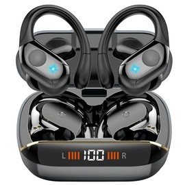 Wireless Earbuds, 75H Bluetooth 5.4 Headphones, Sport Wireless Earphones with 4 ENC Mic, Stereo Bass, IP7, Bluetooth with Earhooks for Workout/Running/Work, Dual LED Display Ear Buds, Deep Black