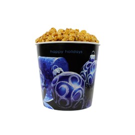 Signature Popcorn, 1-Gallon Happy Holidays Blue Ornament Reusable Plastic Tin - Gourmet Caramel Popcorn