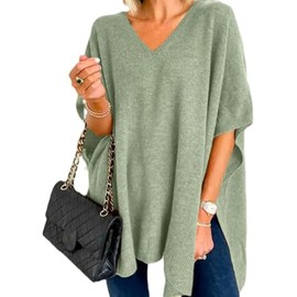 Pinclodly Sweater Vest Women Short Batwing Sleeve Fall Sweaters Loose V Neck Wool Sweater High Low Hem Poncho Sweaters 2025 Green