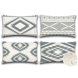 OTOSTAR Outdoor Waterproof Throw Pillow Covers 16x24 Inch Set of 4 Boho Farmhouse Outdoor Cushion Covers for Patio Funiture Garden（Geometry80-Grey）