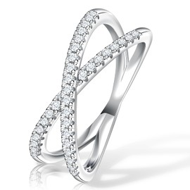 SAMIOVJ Moissanite Rings for Women, D Color VVS1 Clarity Moissanite Criss Cross Wedding Band 18K White Gold Plated Sterling Silver X Ring Eternity Bands for Women