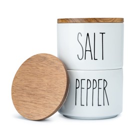 Heartland Home Ceramic Salt and Pepper Bowls. Dual Holder Salt Cellar with Lid - White, Stackable Salt Container Set. Incl Salt Keeper, Pepper Bowl and 2 Airtight Wooden Lids. 9oz Salt Box Pinch Dish