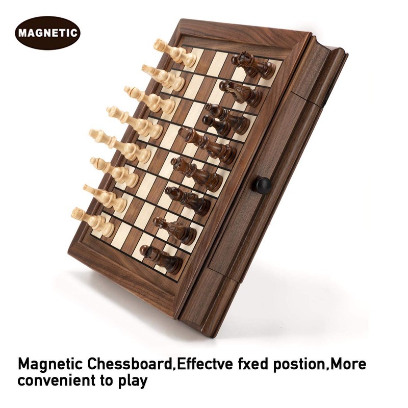 AMEROUS Magnetic Wooden Chess Set, 12.8" x 12.8" Walnut Chess