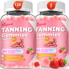 SijiGood 2 Pack Tanning Gummies - Sugar Free Daily Tanning Gummies for Woman & Men, Self Tanning Melanin Supplements with Lycopene & Astaxanthin for Skin Health, Strawberries Flavor, 120 Count