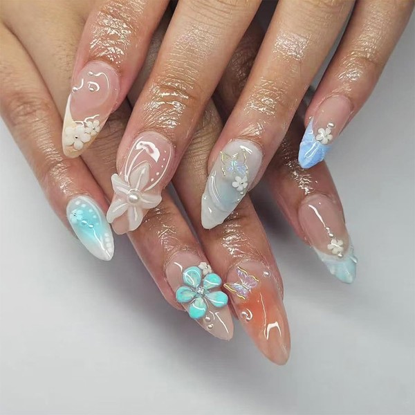 24pcs Summer Press on Nails Medium Almond Fake Nails with