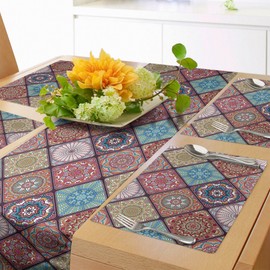 ABAKUHAUS Mandala Table Runner & 4 Piece Placemats, Colorful Mosaic Tile Pattern with Abstract Ethnic Ethnic Elements Turkish Culture, Table Decoration Set, 180 x 40 cm, Salmon Aqua