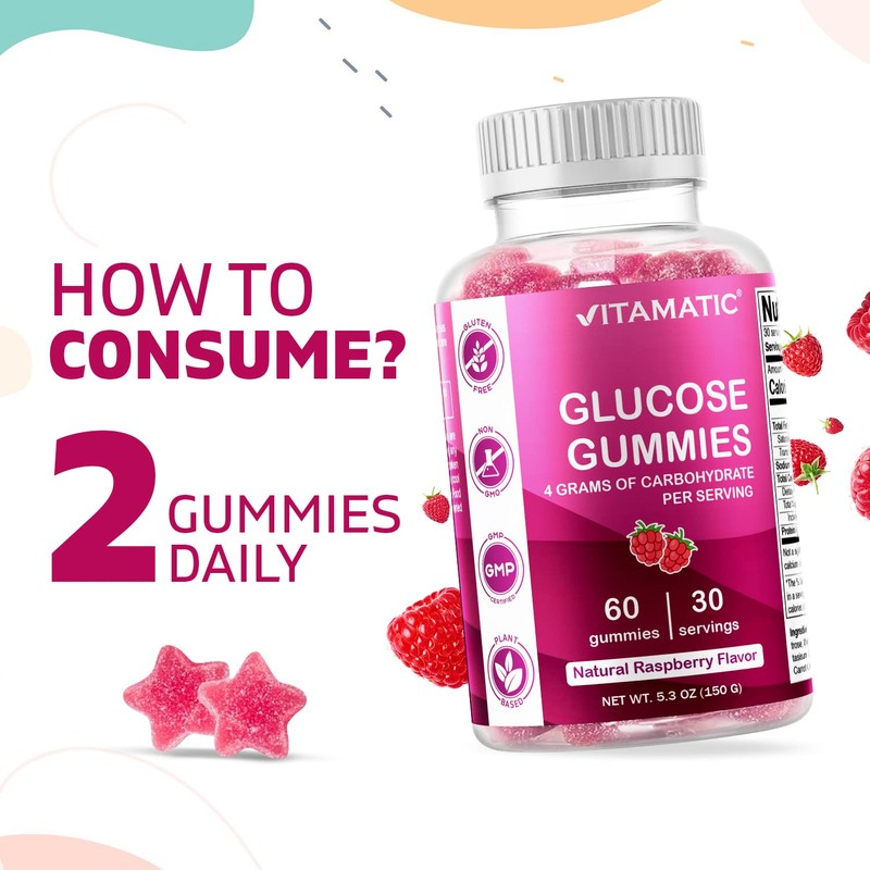 Vitamatic Glucose Chweble Gummies - 60 Count - Natural Raspberry