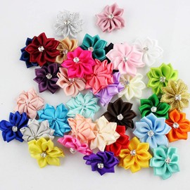 Healifty 50 Pieces Shabby Chiffon Flowers Chiffon Fabric Roses with Diamond for Headbands, Weddings and Other DIY Crafts 3 cm (Mixed Colour)