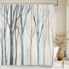 MERCHR Blue and Brown Birch Tree Shower Curtain, Beige Tan Forest Abstract Art Rustic Fabric Shower Curtains Set for Bathroom Decorative, Farmhouse Restroom Decor Accessories with Hooks 72X75 inch