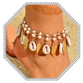 Jovono Boho Shell Anklet Layered Gold Leaf Ankle Bracelet Pearl Adjustable Anklet for Women
