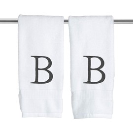 Dark Gray and White Bathroom Hand Towel - Monogrammed Luxury Hotel Quality Decorative Embroidered Towel for Powder Room, Spa - GOTS Organic Certified - Set of 2 Letter B