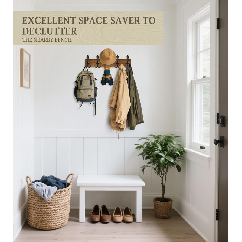 RELBRO Coat Rack Wall Mount, 16.7 Inch Wooden Wall Coat