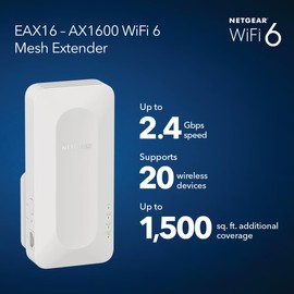 NETGEAR WiFi 6 Mesh Range Extender (EAX16) - Add up to 1,500 sq. ft. and up to 20 Devices with AX2400 Dual-Band Wireless Signal Booster & Repeater (up to 2.4 Gbps Speed), WPA3 Security, Smart Roaming