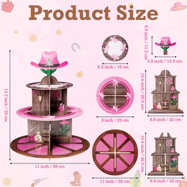 Haooryx Pink Western Cowgirl Cupcake Stand - 3 Tier Wild West Wooden House Barn Door Cupcake Tower Cardboard Dessert Holder for Western Cowgirl Theme Girls Birthday Party Baby Shower Table Supplies