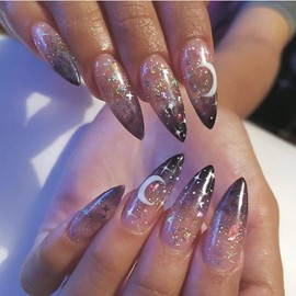 Wedity 24 PCS Moon Stars Fake Nail Love Heart Pearl Wave Acrylic False Nails Press on Nails Pointed Artificial False Nails for Women Girls (B)