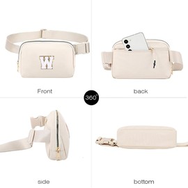 Belt Bag Fanny Pack Crossbody with Chenille Initial Letter Patch for Women Teen Girl,Cute Waist Pack Gym Purse Everywhere Pouch Travel Running Birthday Gift (W, beige)