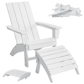 Folding Adirondack Chair with Ottoman Weather Resistant Foldable Fire Pit Chairs with Footrest HDPE Outdoor Adirondack Chair for Patio Front Porch Pool Garden Deck Fire Pit Outside, White