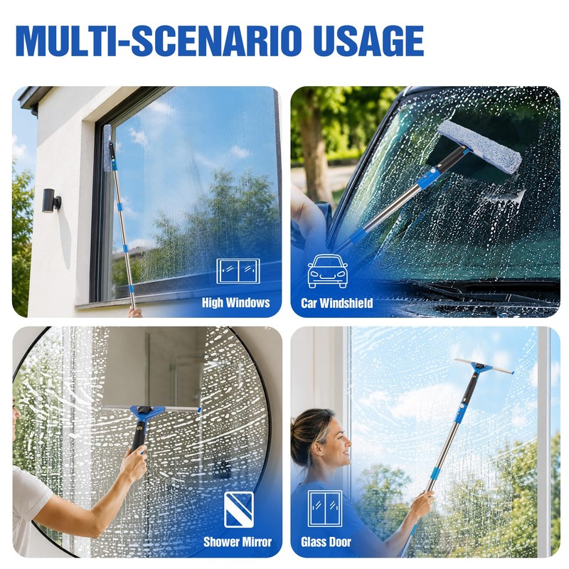 Window Cleaning Kit with Bucket, Squeegee, Scrubber & 80in Handle,