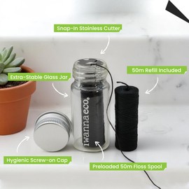 Eco-Friendly Bamboo Charcoal Dental Floss | Refillable Wide Glass Jar with Screw Lid + 50m Free Refill | 100m Total | Peppermint | Candelilla Wax | Zero Waste, Vegan | Flossers for Adults – Oral Care
