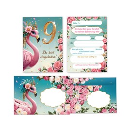 JuNa-Experten 12 Invitation Cards with 12 Envelopes for 9th Children's Birthday Girl Flamingo Cool Colourful Invitations Ninth Birthday Girl's Birthday