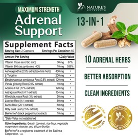 Nature's Nutrition Adrenal Support Supplements - Ashwagandha & 10 Adaptogenic Herbs including Rhodiola Rosea, Holy Basil C Adrenal Supplement Support for Balanced Energy, Adrenal Fatigue, Calm, Relaxation C 120 Capsules