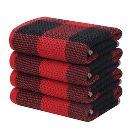 Homaxy 100% Cotton Waffle Weave Check Plaid Kitchen Towels, 13 x 28 Inches, Super Soft and Absorbent Dish Towels for Drying Dishes, 4-Pack, Black & Red