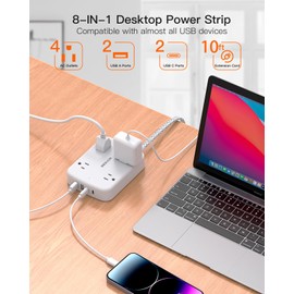 10FT Surge Protector Power Strip, Flat Extension Cord with 2 USB C, Flat Plug Power Strip, 4 Widely Outlets and 4 USB Charging Ports, Outlet Extender, 900 Joules, for Home Office Dorm Room Essentials
