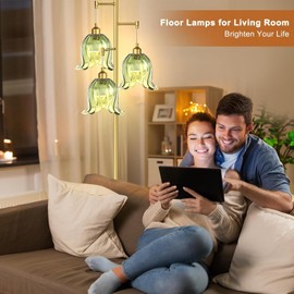QIYIZM Gold Floor Lamp for Living Room,Bedroom,Tree 3 Light Standing Lamp Mid Century Modern Brass Tall Floor Lamps Vintage Retro Floor Lights Green Glass Flower Lamp Shade Farmhouse Boho Bohemian