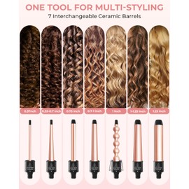 7 in 1 Curling Wand Set: Ohuhu Curling Iron Wand 7Pcs 0.35 to 1.25 Inch Interchangeable Ceramic Barrel Heat Protective Glove 2 Clips Dual Voltage Hair Curler Girl Women Mother Christmas Gift Rose Gold