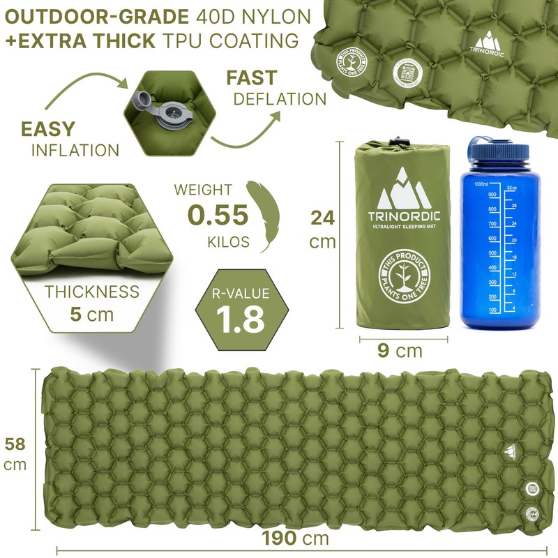 TRINORDIC Camping Sleeping Mat, Air Mattress, Ultralight Inflatable, Foldable, Super