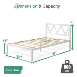Novilla Twin Bed Frame with Headboard, Metal Platform Bed Frame, Wood Slat Support, Heavy Duty, No Box Spring Needed, Easy Assembly, White