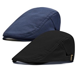 Qossi 2 Pack Newsboy Hats for Men Flat Cap Cotton Adjustable Breathable Irish Cabbie Ivy Driving Hunting Hat Navy Black