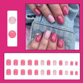 24Pcs Square Short False Nails Nude and Pink Press on Nails French Tips Removable Glue on Nails Glitter Acrylic Full Cover Fake Nails for Women Girls Nail Art