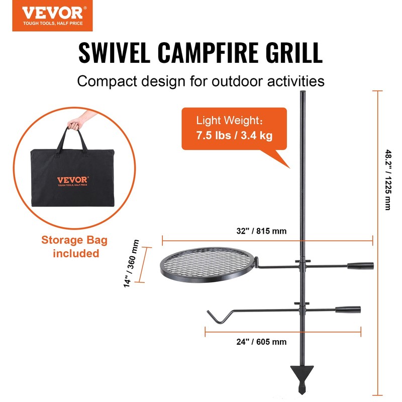 VEVOR Swivel Campfire Grill, Fire Pit Grill Grate over Fire