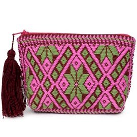 Ketzaly Coin Pouch: 100% Cotton Coin Purse for Women | Cute Change Purse with Vibrant Colors | Small Zipper Pouch Handmade by Mexican Artisans | Wallet Purse for Women, Burgundy, pink and green, Hand Woven, Handmade