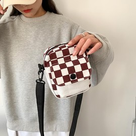 Creative Storm Small Checkered Crossbody Messenger Purse for Women/Man,Cute Shoulder Bag whit Detachable Strap (Brown)
