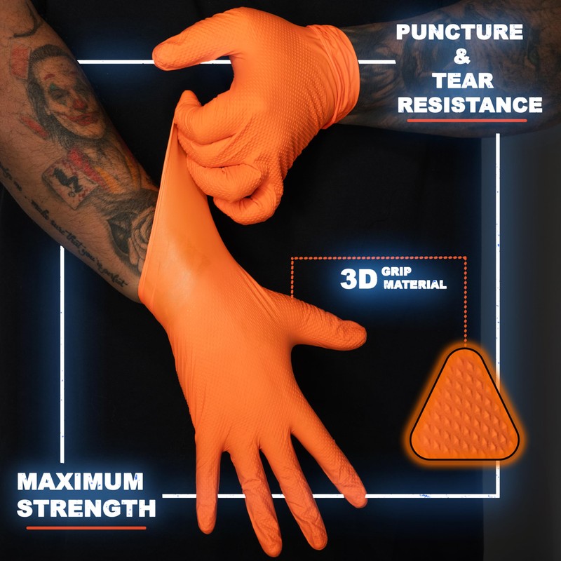 8 Mil Disposable Orange Nitrile Rubber Gloves. Heavy Duty, Food