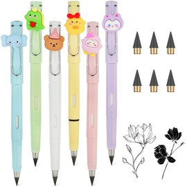 AUAUY 6PCS Everlasting Pencil, Infinity Pencil with Cartoon Animal, Portable Reusable Erasable Inkless Pencil and 6pcs Replacement Nib for Writing, Drawing, Students Home Office School Supplies